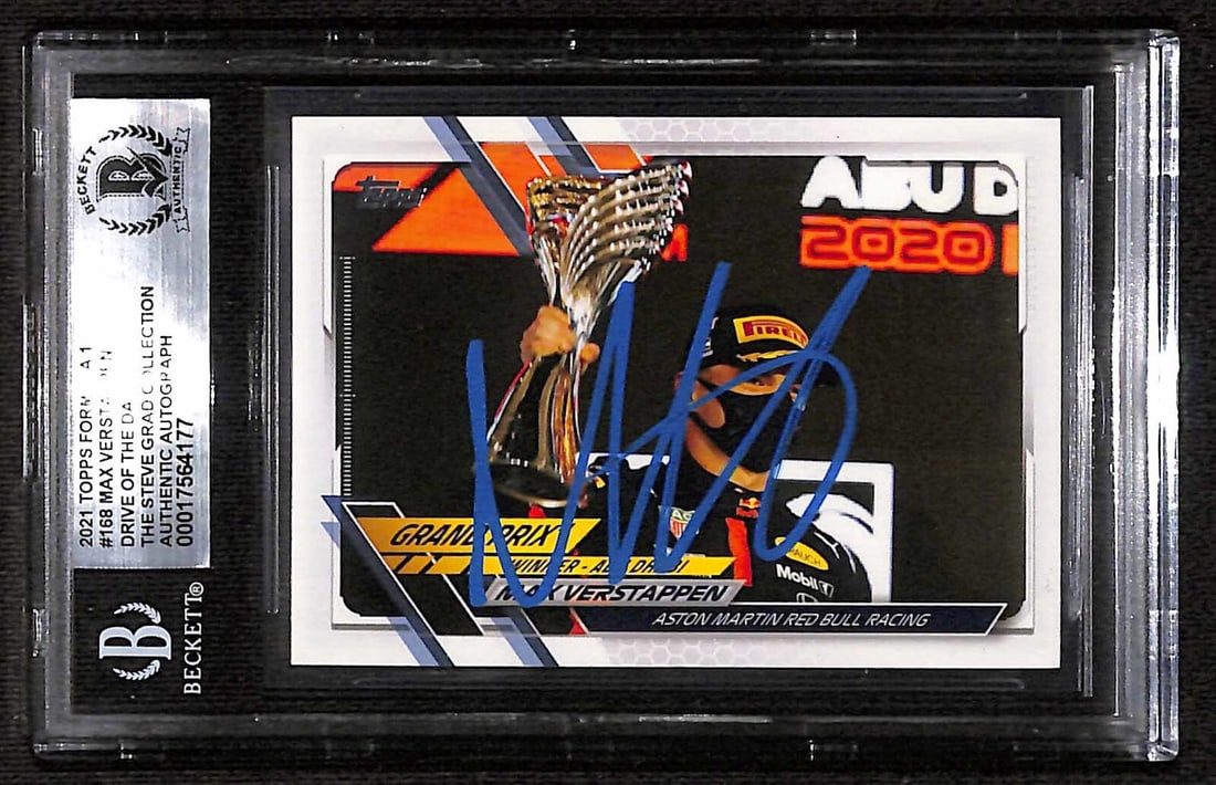 Max Verstappen 2021 Topps Formula 1 #168 Signed Drive of the Day Card Beckett Authenticated: Max Verstappen 2021 Topps Formula 1 #168 Signed Drive of the Day Card Beckett Authenticated This is an autographed 2021 Topps Formula 1 #168 trading card, featuring the signature of auto racing star M
