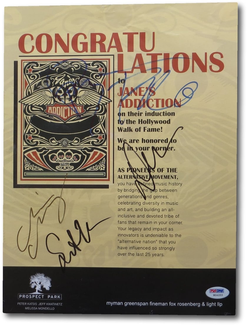 PSA Authenticated Jane's Addiction Signed 10x13 Promo Poster: PSA Authenticated Jane's Addiction Signed 10x13 Promo Poster This original 10x13 promotional poster for Jane's Addiction is autographed by band members Chris Chaney, Perry Farrell, Dave Navarro, and S