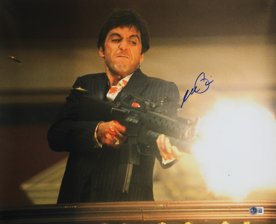Al Pacino Signed Scarface 16x20 Photo with BAS Authentication: Al Pacino Signed Scarface 16x20 Photo with BAS Authentication This 16x20 horizontal photograph features a stunning image from Scarface, personally signed by the legendary Al Pacino. The autograph has 