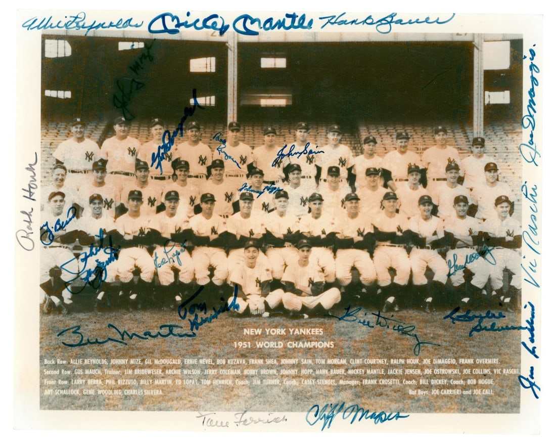 PSA DNA 1951 New York Yankees team signed 8x10 photo 22 autographs: PSA DNA 1951 New York Yankees team signed 8x10 photo 22 autographs 1951 New York Yankees championship season team-signed 8x10 photograph featuring 22 autographs, including Mickey Mantle, Yogi Berra, J