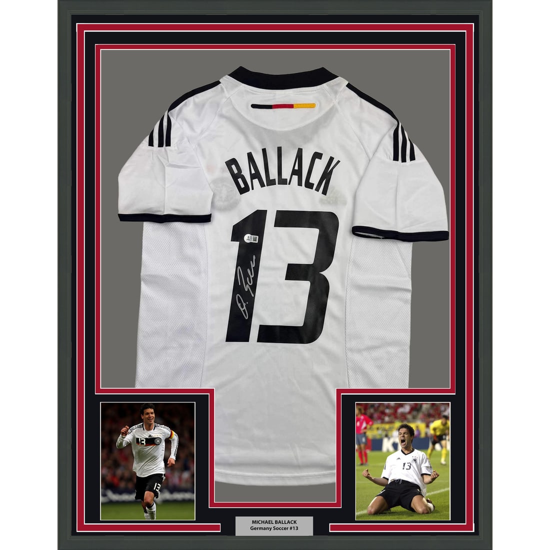 Michael Ballack Signed Germany Jersey 35x39 Framed with Beckett COA: Michael Ballack Signed Germany Jersey 35x39 Framed with Beckett COA This professionally framed and matted display features an original, autographed Michael Ballack Germany white jersey. The jersey is 