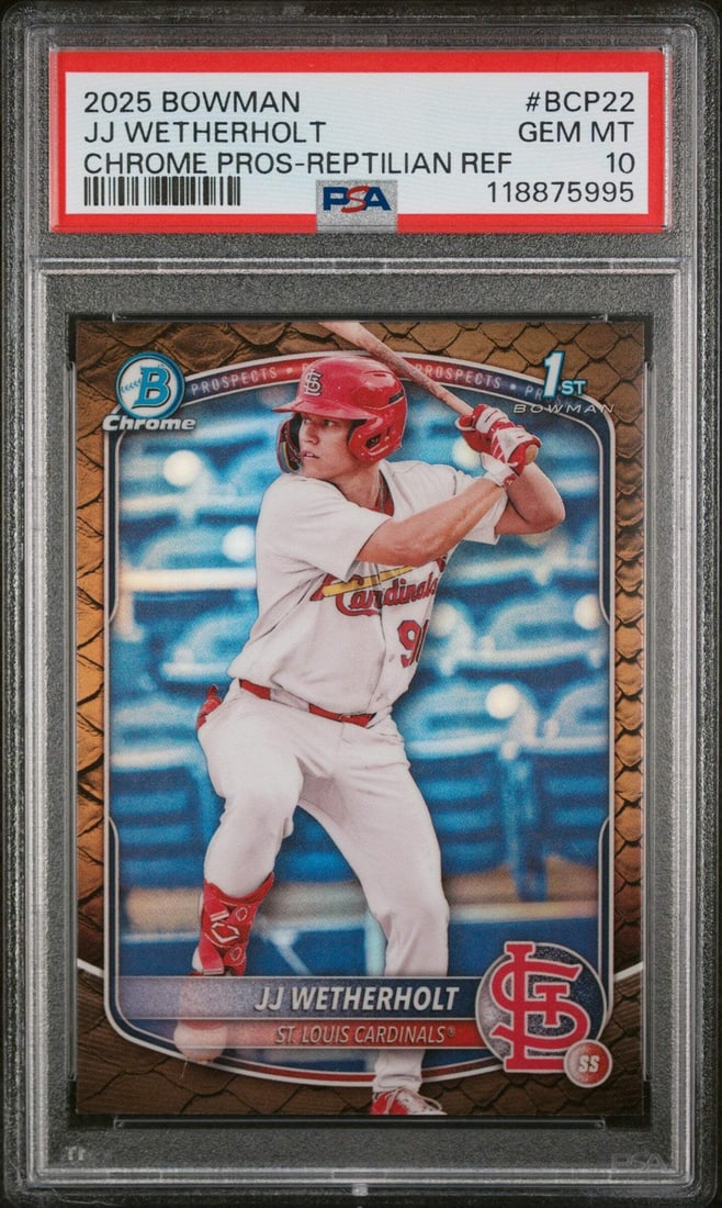 2025 Bowman Chrome Reptilian REF JJ Wetherholt Rookie Card PSA 10: 2025 Bowman Chrome Reptilian REF JJ Wetherholt Rookie Card PSA 10 This is a 2025 Bowman JJ Wetherholt #BCP22 Chrome Reptilian REF Rookie Card, professionally graded and encapsulated by PSA with a grad