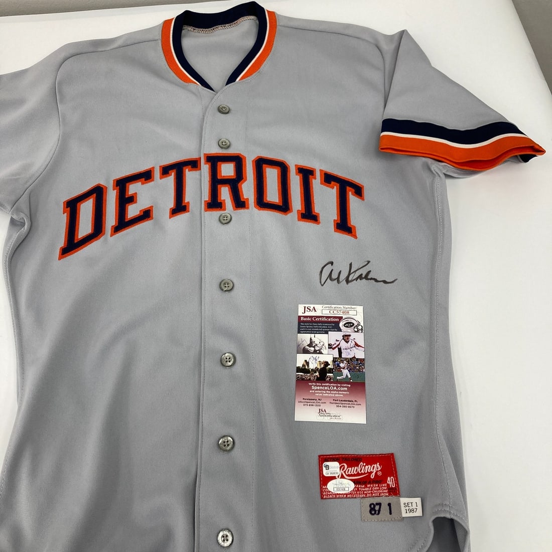 Al Kaline Signed Detroit Tigers Rawlings Jersey with JSA COA: Al Kaline Signed Detroit Tigers Rawlings Jersey with JSA COA This is an authentic Rawlings game model jersey signed by legendary baseball player Al Kaline. The jersey is associated with the Detroit Ti