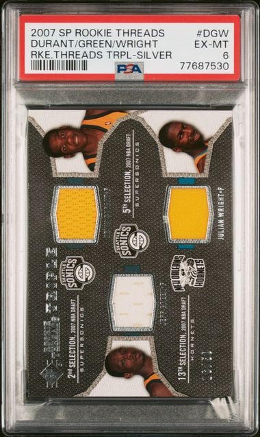 2007 Upper Deck SP Rookie Threads Triple Silver KD Green Wright PSA 6: 2007 Upper Deck SP Rookie Threads Triple Silver KD Green Wright PSA 6 This 2007 SP Rookie Threads Triple Silver basketball card features three standout players: Kevin Durant, Jeff Green, and Julian Wr
