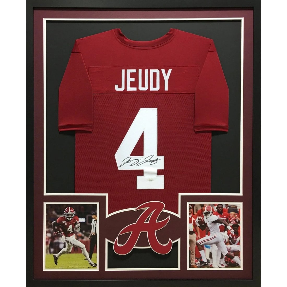 Jerry Jeudy Autographed Framed Jersey Alabama Crimson Tide JSA Certified: Jerry Jeudy Autographed Framed Jersey Alabama Crimson Tide JSA Certified This is a beautifully framed autographed jersey of Jerry Jeudy, showcasing his affiliation with the Alabama Crimson Tide. The j