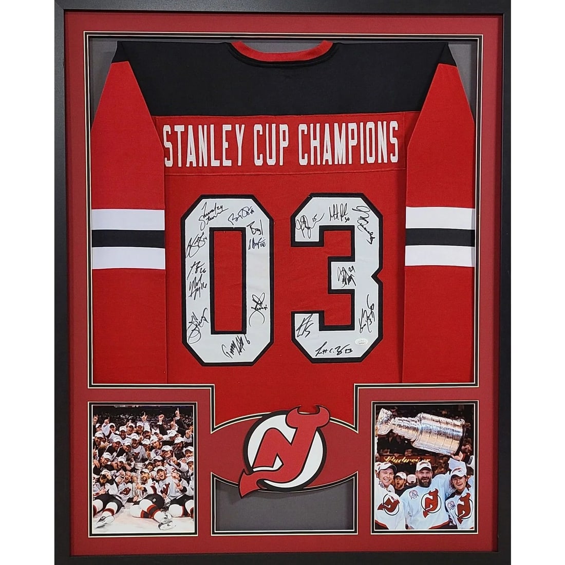 New Jersey Devils Signed Framed Jersey JSA Authenticated 2003 Stanley Cup Legends: New Jersey Devils Signed Framed Jersey JSA Authenticated 2003 Stanley Cup Legends Celebrate the legacy of the New Jersey Devils with this stunning framed jersey, autographed by 17 legendary players in