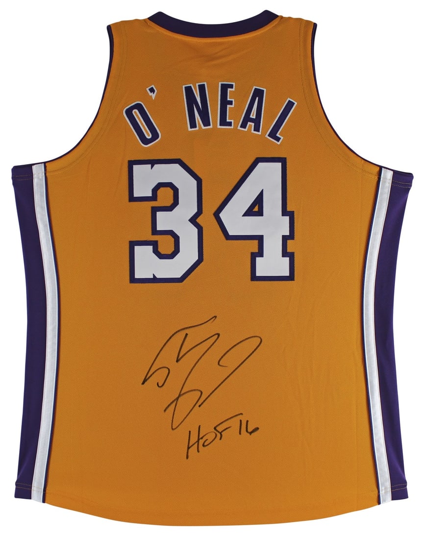 Signed Shaquille O'Neal Lakers Mitchell Ness HWC Jersey HOF 16 Beckett XL: Signed Shaquille O'Neal Lakers Mitchell Ness HWC Jersey HOF 16 Beckett XL This is an original yellow Mitchell & Ness 2000-01 Hardwood Classics Authentic Jersey, personally signed by Shaquille O'Neal o