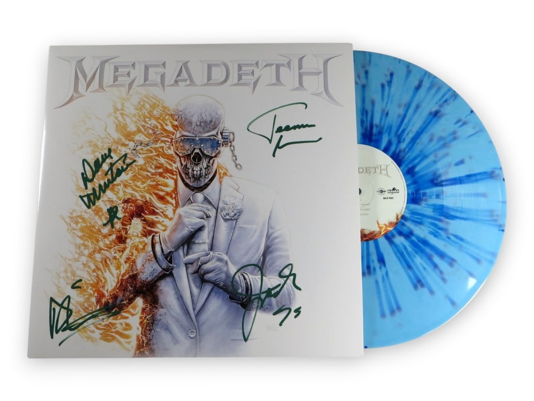 Megadeth signed LP cover JSA autographed by Mustaine and 3 others: Megadeth signed LP cover JSA autographed by Mustaine and 3 others This is an original Megadeth record album cover autographed by band members Dave Mustaine, James LoMenzo, Dirk Verbeuren, and Teemu Ma