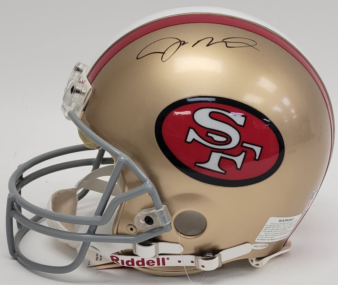 San Francisco 49ers helmet autographed by Joe Montana with Upper Deck authentication: San Francisco 49ers helmet autographed by Joe Montana with Upper Deck authentication This San Francisco 49ers full size authentic helmet features the signature of legendary quarterback Joe Montana, si