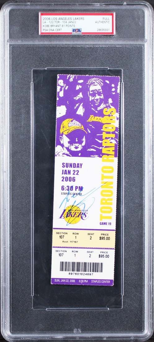 Kobe Bryant Signed 2006 Lakers 81 Point Game Ticket Stub PSA/DNA: Kobe Bryant Signed 2006 Lakers 81 Point Game Ticket Stub PSA/DNA Celebrate a historic moment in basketball with this authentic full ticket stub from Kobe Bryant's legendary 81-point game on January 22