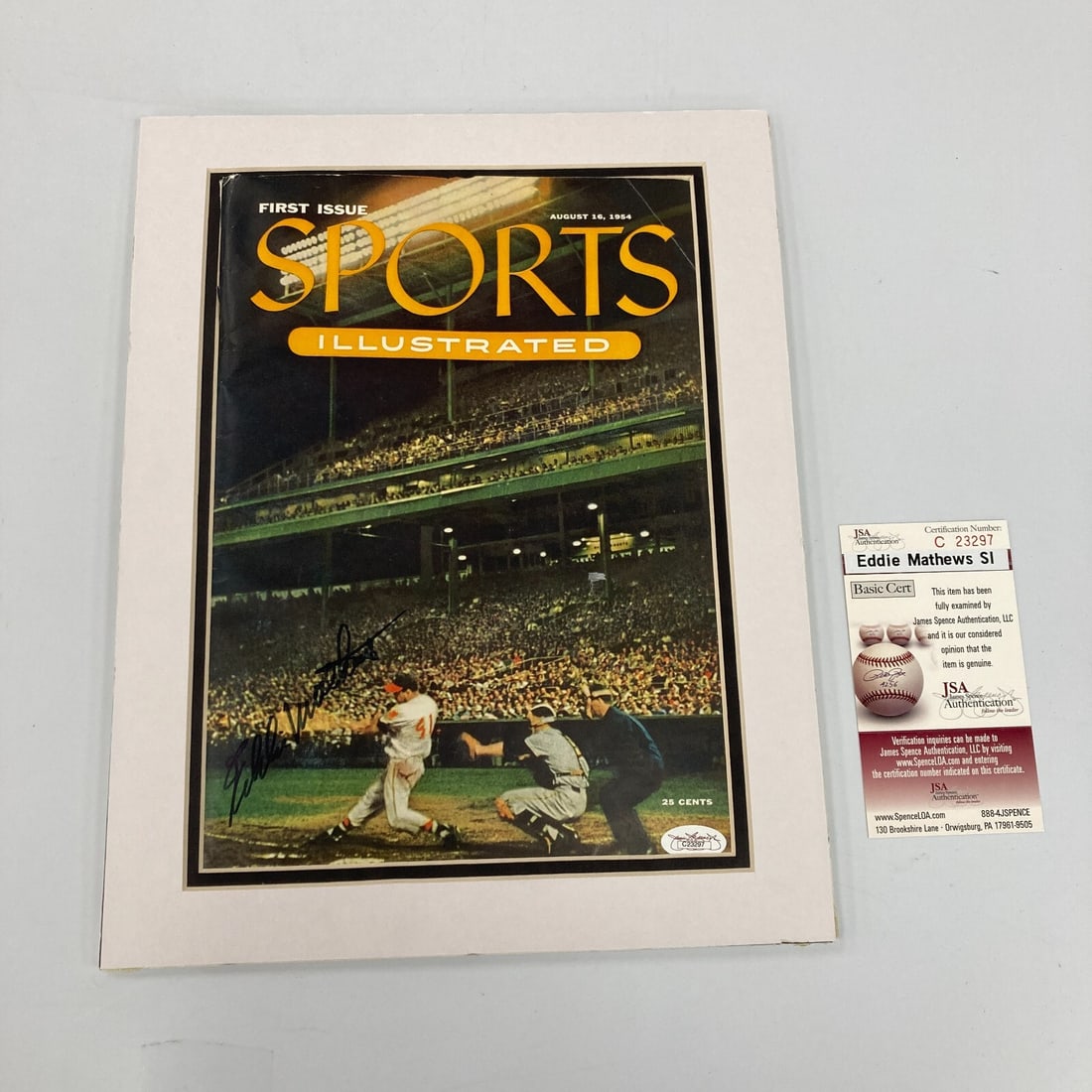 Eddie Mathews Signed 1954 Sports Illustrated Magazine JSA COA: Eddie Mathews Signed 1954 Sports Illustrated Magazine JSA COA This is an original issue of Sports Illustrated from 1954, featuring a signed autograph by Hall of Famer Eddie Mathews in black ink. The m