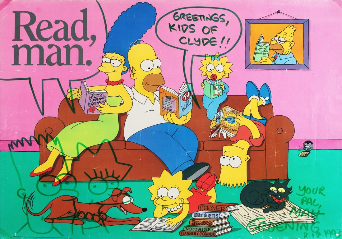 Matt Groening Signed The Simpsons 22x31 Poster with Bart & Lisa Sketch: Matt Groening Signed The Simpsons 22x31 Poster with Bart & Lisa Sketch This original 22x31 poster features a charming sketch of Bart and Lisa Simpson, personally signed by Matt Groening, the creator o