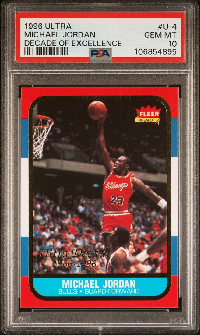 PSA 10 Michael Jordan 1996 Ultra DOE Rookie Reprint Card: PSA 10 Michael Jordan 1996 Ultra DOE Rookie Reprint Card This is a 1996 Ultra Michael Jordan #U4 DOE Rookie reprint basketball card that has been encapsulated and graded PSA 10 by Professional Sports 