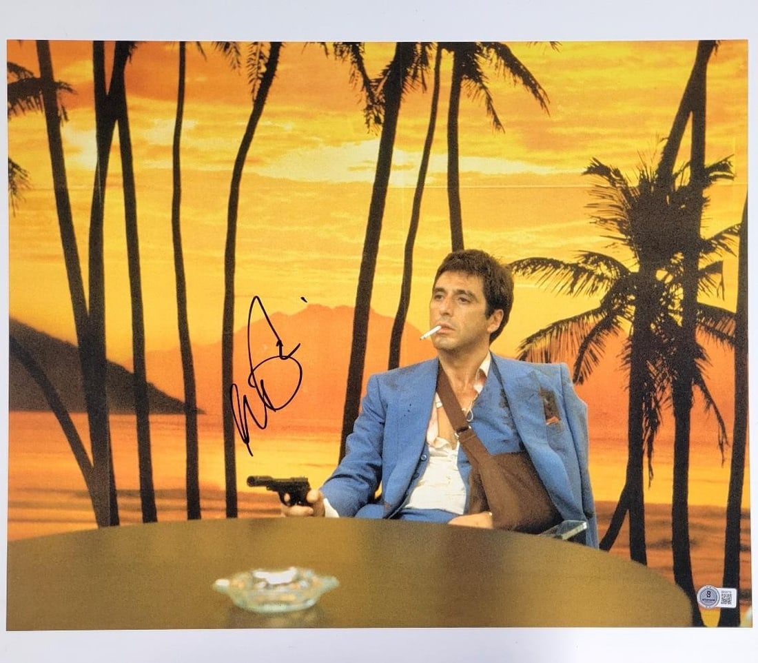 Al Pacino Scarface 16x20 Signed Photo Beckett Authenticated: Al Pacino Scarface 16x20 Signed Photo Beckett Authenticated This is an original 16x20 photograph from the iconic movie Scarface, featuring a bold autograph by Al Pacino, who portrayed Tony Montana. Th