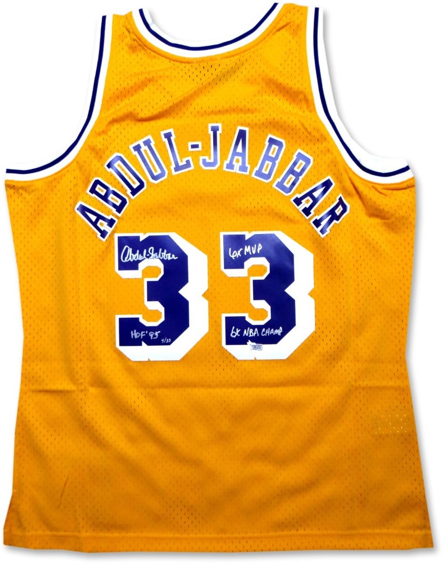 Fanatics Authentic Kareem Abdul-Jabbar Lakers 1983-84 Swingman Jersey #/33: Fanatics Authentic Kareem Abdul-Jabbar Lakers 1983-84 Swingman Jersey #/33 This is a Los Angeles Lakers gold jersey signed by Kareem Abdul-Jabbar. The jersey is a limited edition, with only 33 produce