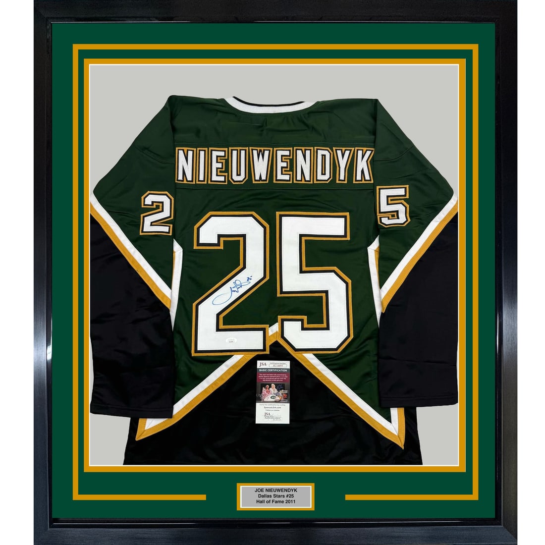 Framed Joe Nieuwendyk Autographed Dallas Stars Jersey with JSA COA 35x39: Framed Joe Nieuwendyk Autographed Dallas Stars Jersey with JSA COA 35x39 Celebrate the legacy of Joe Nieuwendyk with this professionally framed and autographed 35x39 Dallas Stars green jersey. This un