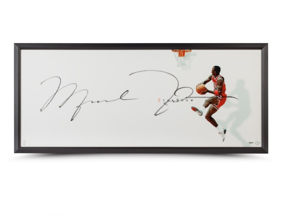 Michael Jordan Autographed 20x46 Framed Photo Chicago Bulls Upper Deck Authenticated: Michael Jordan Autographed 20x46 Framed Photo Chicago Bulls Upper Deck Authenticated This stunning 46X20 framed lithograph photo captures Michael Jordan in "The Show" II, representing the iconic Chica
