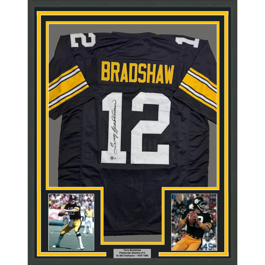 Terry Bradshaw Signed Pittsburgh Steelers Black Jersey Framed 35x39 BAS Authenticated: Terry Bradshaw Signed Pittsburgh Steelers Black Jersey Framed 35x39 BAS Authenticated This is a professionally framed and matted Pittsburgh Steelers black jersey autographed by Terry Bradshaw. The dis