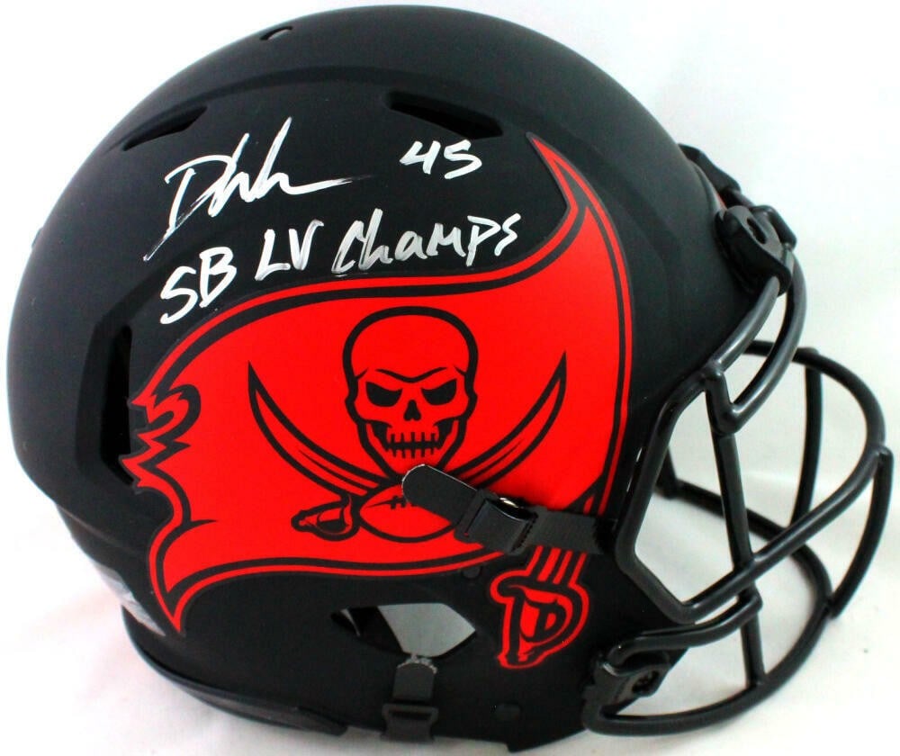 Tampa Bay Buccaneers Devin White signed Eclipse Speed helmet Beckett inscription silver: Tampa Bay Buccaneers Devin White signed Eclipse Speed helmet Beckett inscription silver This is an authentic Eclipse Speed helmet signed by Devin White, featuring a silver autograph and inscription. T