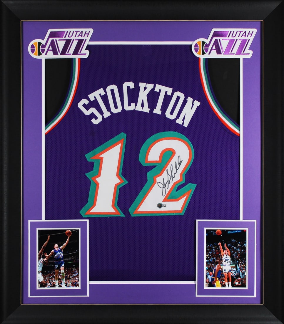 John Stockton Signed Purple Pro Style Framed Jersey Utah Jazz BAS Authenticated (1 of 2)