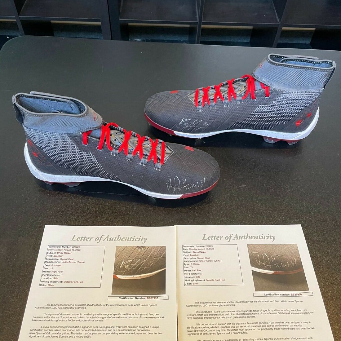Bryce Harper Dual Signed Under Armour Cleats with JSA COA: Bryce Harper Dual Signed Under Armour Cleats with JSA COA Extremely rare pair of Bryce Harper dual-signed Under Armour game model baseball cleats, perfect for any avid baseball fan or collector. This 