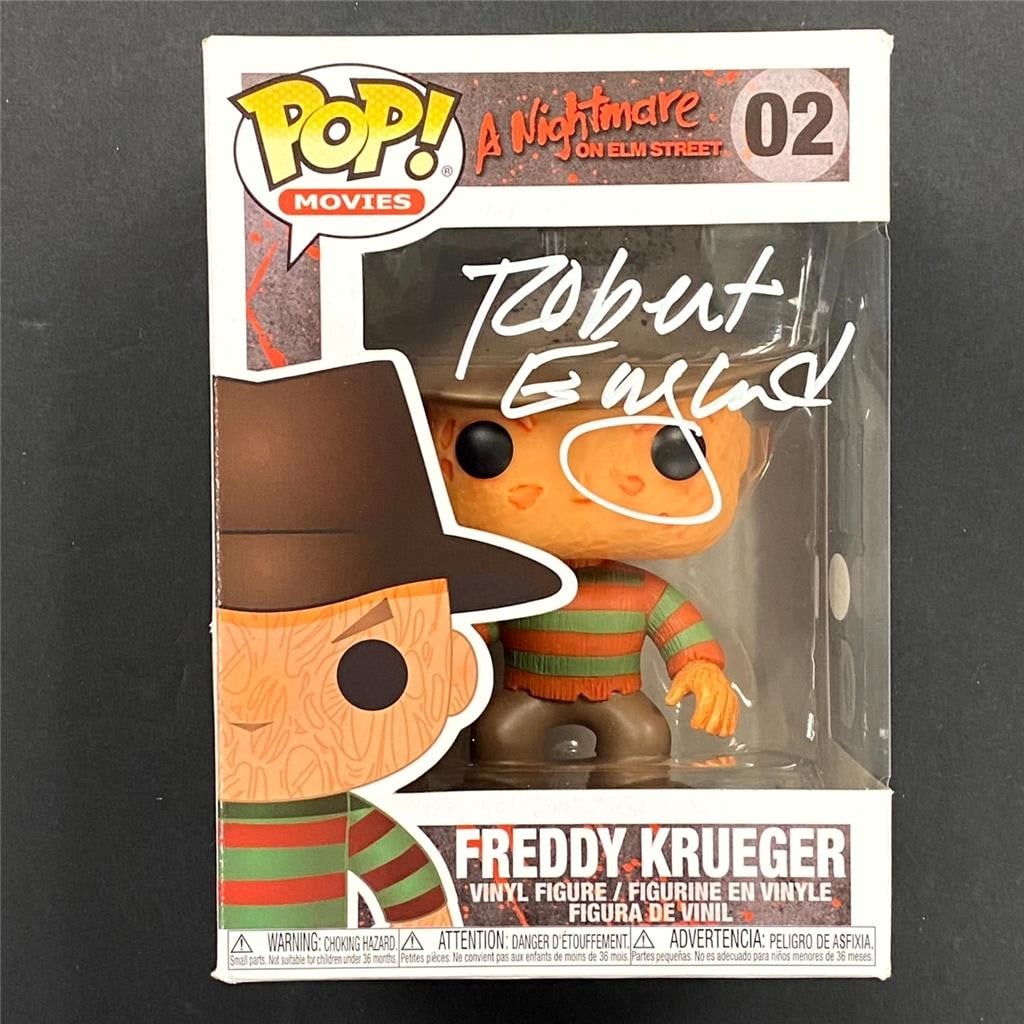 Nightmare on Elm Street Freddy Krueger Funko Pop Signed Twice by Robert Englund JSA: Nightmare on Elm Street Freddy Krueger Funko Pop Signed Twice by Robert Englund JSA This original Funko Pop collectible features Freddy Krueger from Nightmare on Elm Street and is signed twice by Robe