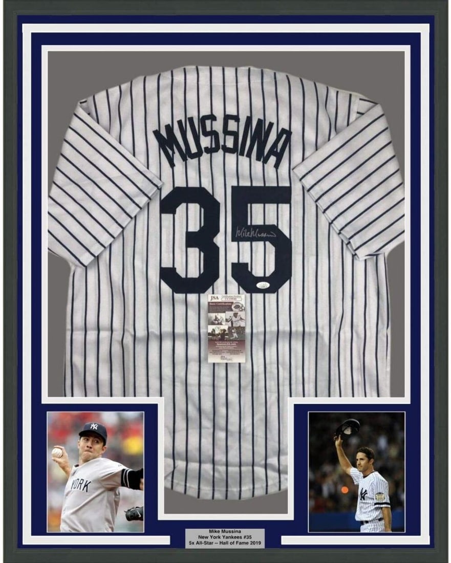 Framed Mike Mussina Autographed Jersey New York Yankees JSA COA: Framed Mike Mussina Autographed Jersey New York Yankees JSA COA This professionally framed and matted piece features an autographed New York Yankees jersey by Mike Mussina, a celebrated MLB pitcher. T