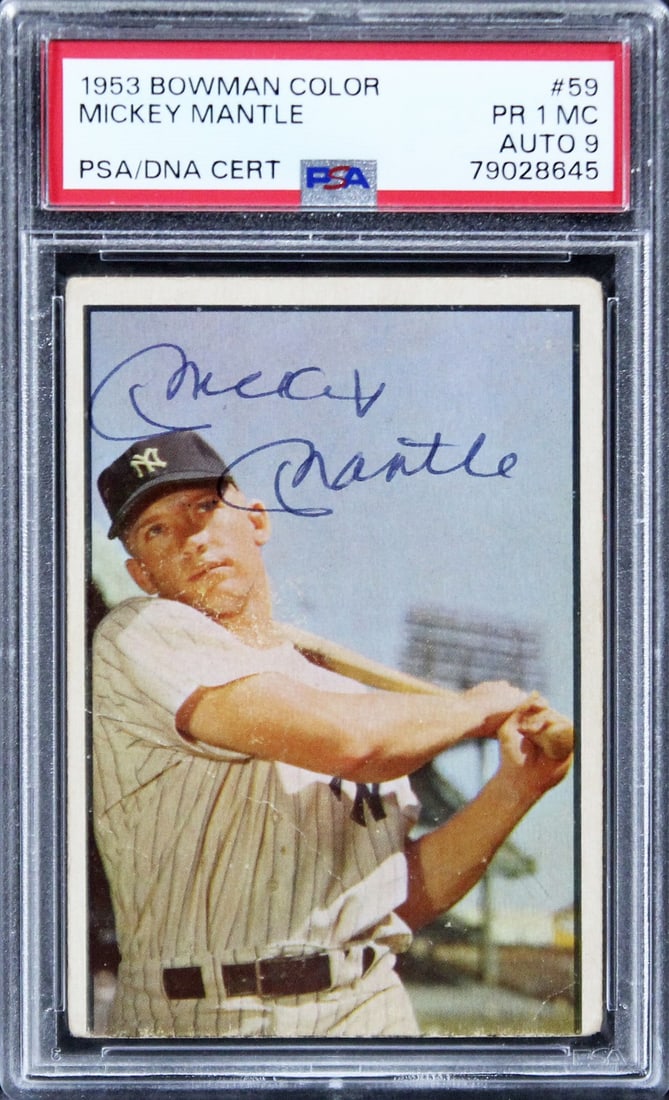 Mickey Mantle Signed 1953 Bowman Color #59 Card PSA Authenticated: Mickey Mantle Signed 1953 Bowman Color #59 Card PSA Authenticated Celebrate the legacy of baseball with this rare 1953 Bowman Color #59 card featuring Mickey Mantle, one of the game's greatest players