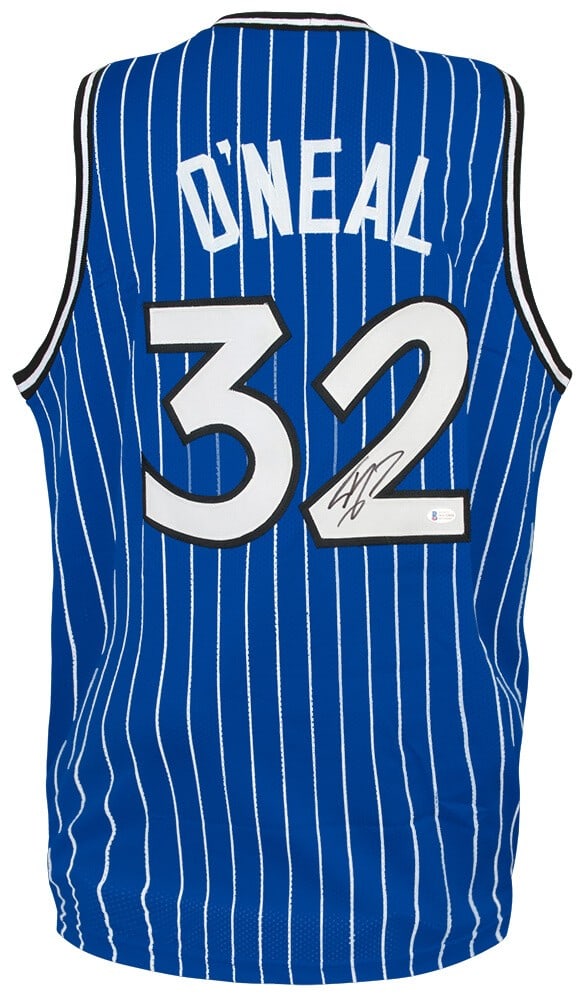 Shaquille O'Neal Signed Orlando Magic Blue Jersey with Beckett COA: Shaquille O'Neal Signed Orlando Magic Blue Jersey with Beckett COA Celebrate the legacy of basketball legend Shaquille O'Neal with this signed blue throwback custom jersey. This original Orlando Magic