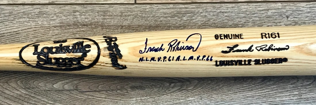 Frank Robinson Autographed Louisville Slugger R161 Bat JSA Authenticated MVP Inscription: Frank Robinson Autographed Louisville Slugger R161 Bat JSA Authenticated MVP Inscription This is a Frank Robinson autographed Louisville Slugger R161 baseball bat, a remarkable piece for any sports me