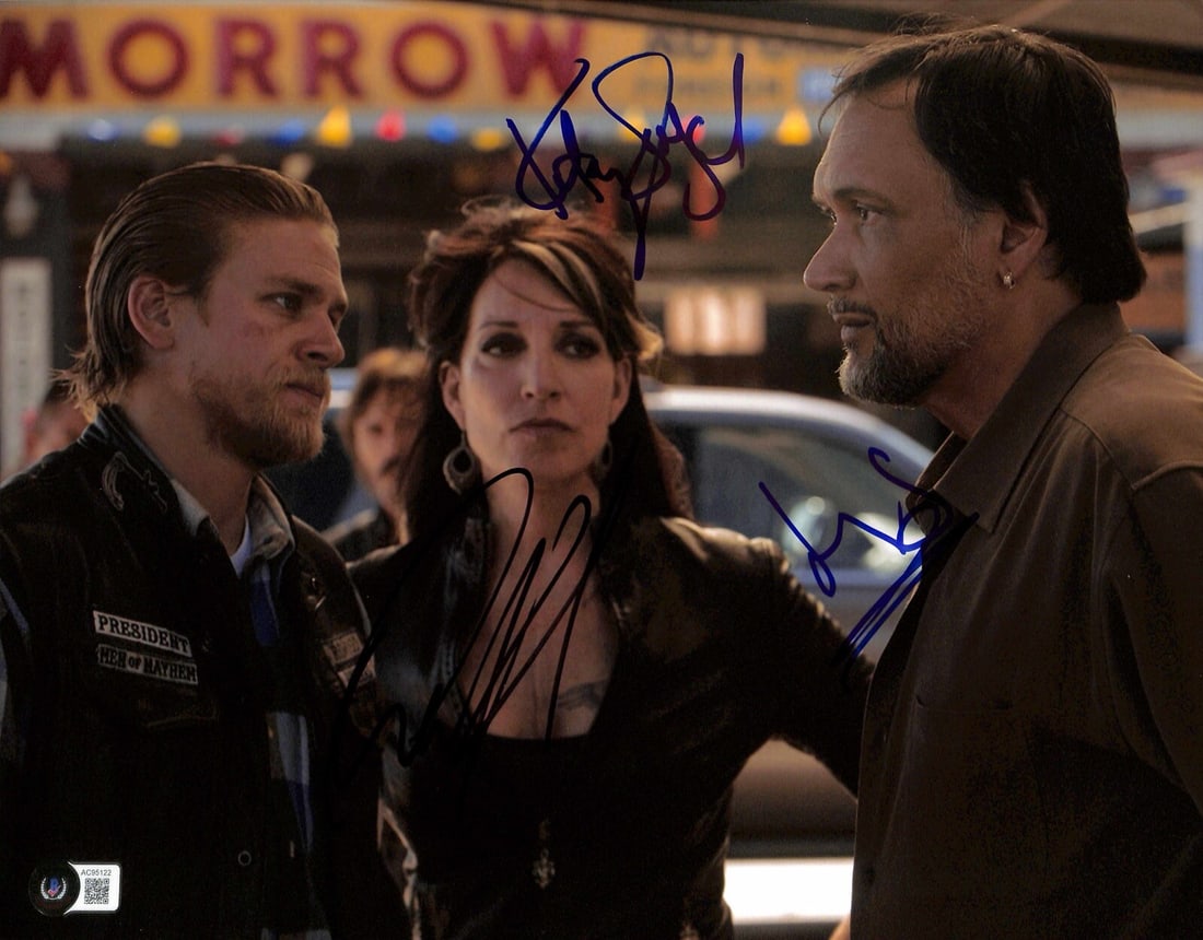 Sons of Anarchy Signed 11x14 Photo by Sagal Hunnam Smits Beckett Authenticated: Sons of Anarchy Signed 11x14 Photo by Sagal Hunnam Smits Beckett Authenticated This stunning 11x14 color photograph features autographs from Katey Sagal, Charlie Hunnam, and Jimmy Smits, iconic stars 