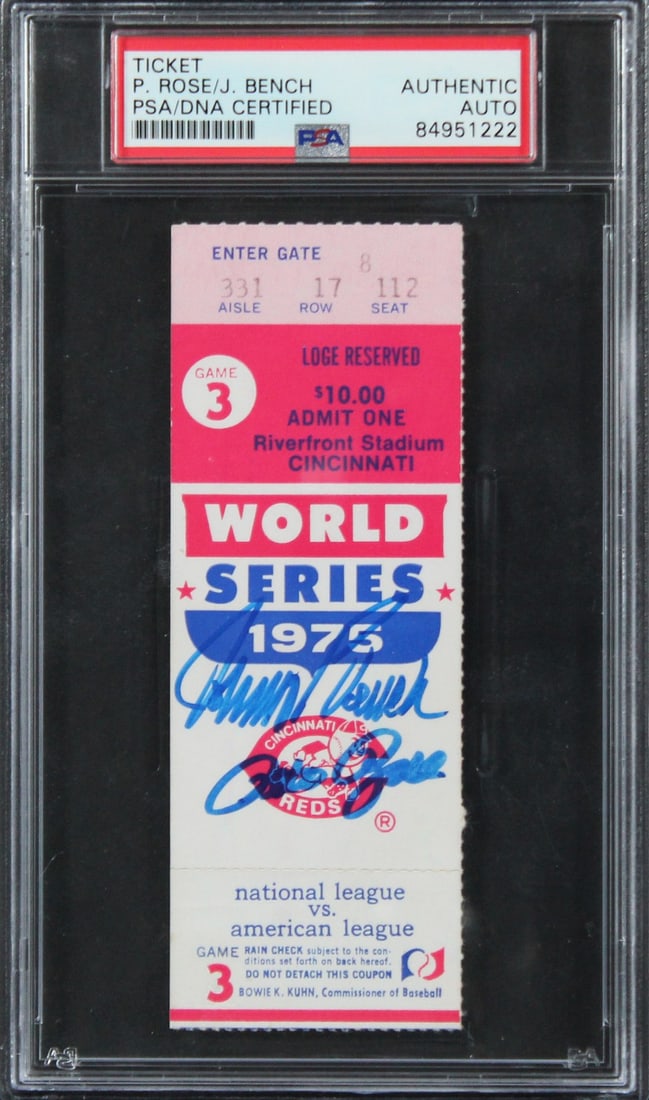 Pete Rose Johnny Bench Signed 1975 World Series Game 3 Ticket Stub PSA Authenticated: Pete Rose Johnny Bench Signed 1975 World Series Game 3 Ticket Stub PSA Authenticated This autographed World Series 1975 Game 3 ticket stub features the signatures of iconic players Pete Rose and Johnn