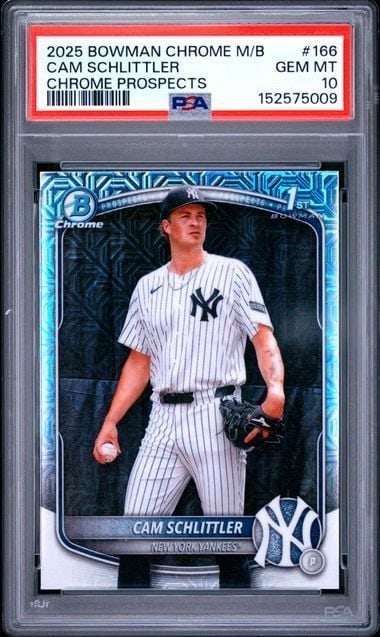 2025 Bowman Chrome Cam Schlittler 1st Bowman Mojo Refractor PSA 10: 2025 Bowman Chrome Cam Schlittler 1st Bowman Mojo Refractor PSA 10 Graded 2025 Bowman Chrome M/B Cam Schlittler #166 1st Bowman RC is a multicolor sports trading card featuring Cam Schlittler of the N