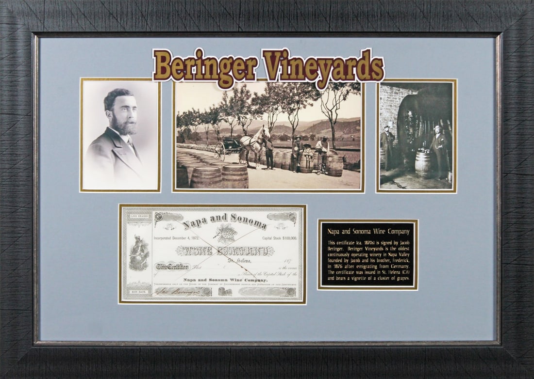 Framed Jacob Beringer Signed Napa Sonoma Wine Stock Certificate Beckett COA: Framed Jacob Beringer Signed Napa Sonoma Wine Stock Certificate Beckett COA This beautifully framed 4.5x9 Napa and Sonoma Wine Company Stock Certificate is personally signed by Jacob Beringer, a notab