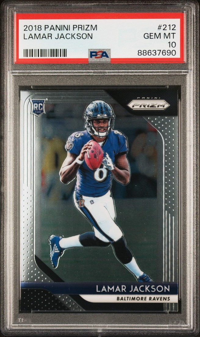 2018 Panini Prizm Lamar Jackson #212 Rookie Football Card PSA 10 Gem: 2018 Panini Prizm Lamar Jackson #212 Rookie Football Card PSA 10 Gem This is a graded 2018 Panini Prizm Lamar Jackson #212 Rookie RC Football Card, receiving a PSA 10 Gem grade. The card is encapsulat