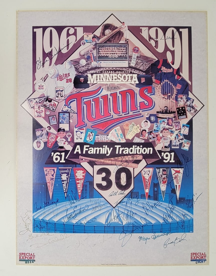 1991 Minnesota Twins Team Signed 18x24 Poster Beckett Authenticated: 1991 Minnesota Twins Team Signed 18x24 Poster Beckett Authenticated Celebrate the legacy of the 1991 Minnesota Twins with this stunning 18x24 team-signed poster, commemorating their World Series Champ
