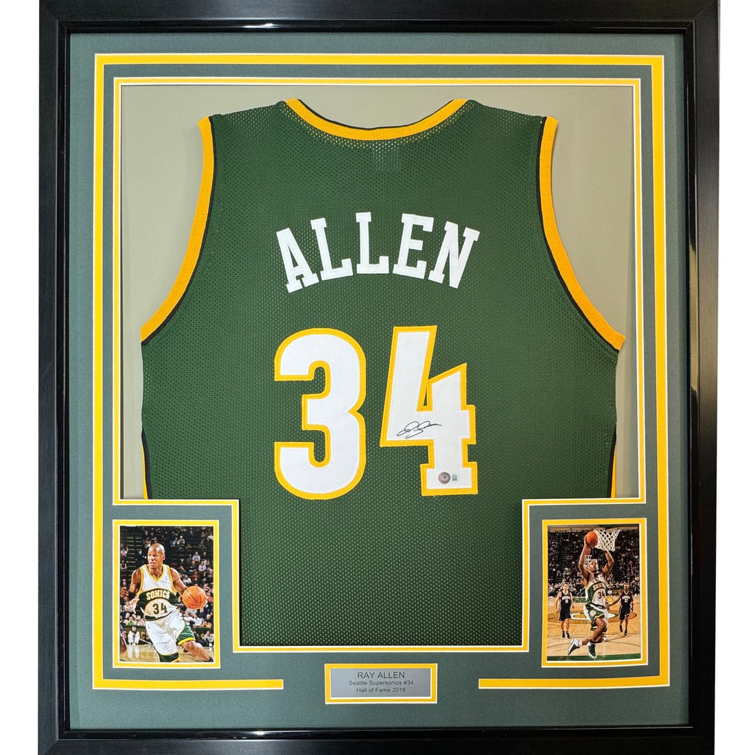 Framed Ray Allen Autographed Seattle SuperSonics Jersey Beckett COA: Framed Ray Allen Autographed Seattle SuperSonics Jersey Beckett COA This professionally framed and autographed Ray Allen Seattle SuperSonics jersey is a must-have for any basketball enthusiast. Measur