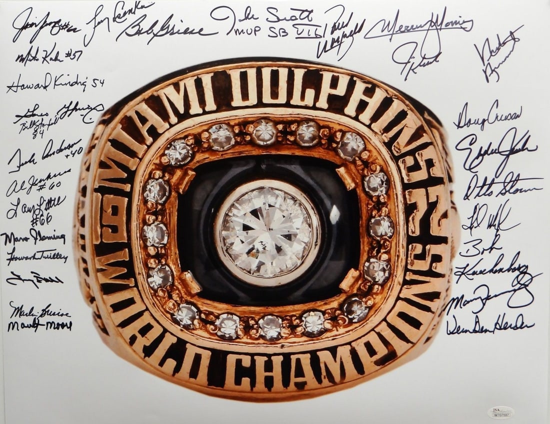 Autographed 16x20 Football Photo 1972 Perfect Season Super Bowl Ring JSA: Autographed 16x20 Football Photo 1972 Perfect Season Super Bowl Ring JSA Autographed 16x20 football photo commemorating the 1972 17-0 perfect season and Super Bowl ring. The item is marked as original