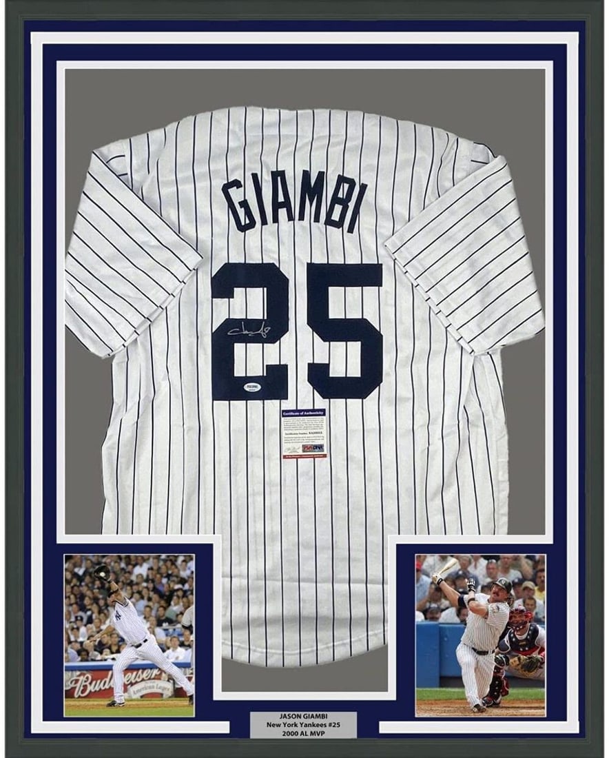 Framed Jason Giambi Signed Yankees Pinstripe Jersey PSA COA 33x42: Framed Jason Giambi Signed Yankees Pinstripe Jersey PSA COA 33x42 This is a professionally framed and matted Jason Giambi pinstripe baseball jersey, autographed and authenticated by Professional Sport