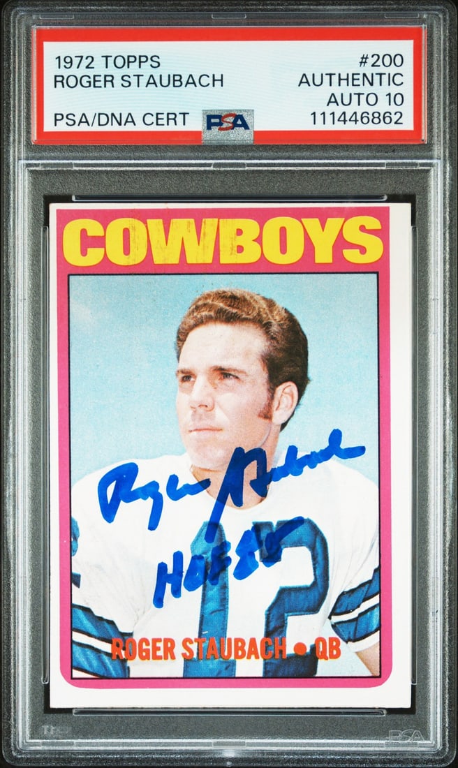 Roger Staubach Signed 1972 Topps Rookie Card HOF 85 PSA 10: Roger Staubach Signed 1972 Topps Rookie Card HOF 85 PSA 10 Own a piece of football history with this 1972 Topps #200 Rookie Card of Roger Staubach, featuring the inscription "HOF 85." This card has be