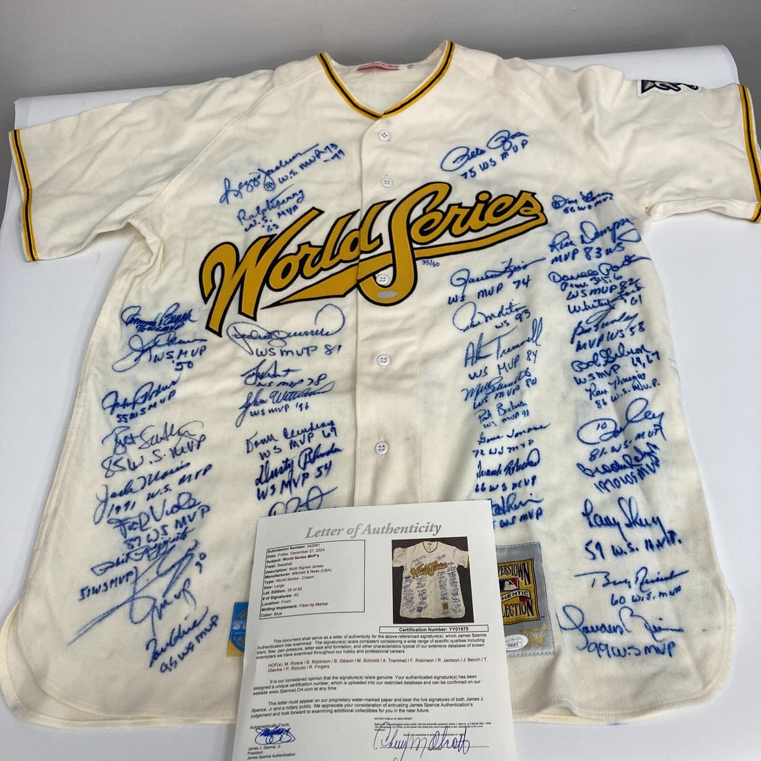 Mitchell & Ness World Series MVP Jersey 40 Signatures JSA COA: Mitchell & Ness World Series MVP Jersey 40 Signatures JSA COA Celebrate the legacy of baseball with this unique World Series MVP Winners Signed Inscribed Jersey, featuring the autographs of 40 legenda