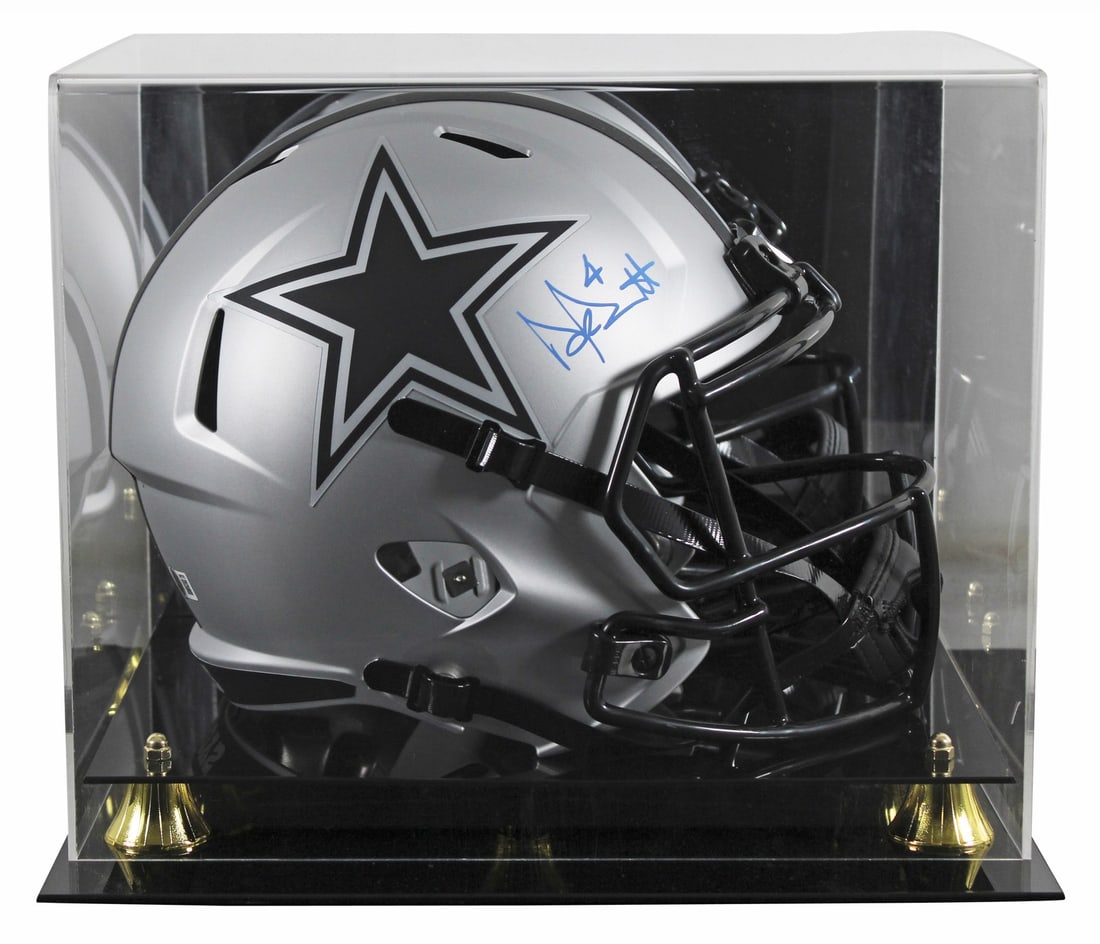 Dak Prescott Signed Dallas Cowboys Full Size Helmet with UV Case BAS Authenticated: Dak Prescott Signed Dallas Cowboys Full Size Helmet with UV Case BAS Authenticated This authentic Dak Prescott signed full-size Rave Speed replica helmet showcases the star quarterback of the Dallas C