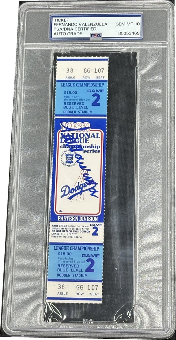 Fernando Valenzuela Signed NLCS Ticket Stub PSA/DNA Authenticated: Fernando Valenzuela Signed NLCS Ticket Stub PSA/DNA Authenticated This is a rare original ticket stub from the National League Championship Series game held on October 5, 1983, featuring the iconic Fe