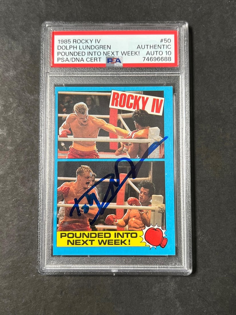 1985 Topps Rocky IV #50 Signed Dolph Lundgren PSA 10 Ivan Drago Card: 1985 Topps Rocky IV #50 Signed Dolph Lundgren PSA 10 Ivan Drago Card Celebrate the iconic film Rocky IV with this signed trading card featuring Dolph Lundgren as Ivan Drago. This 1985 Topps card is a 