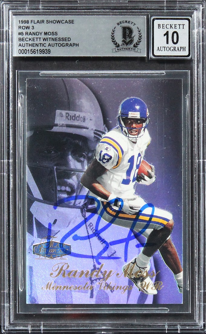 Randy Moss 1998 Flair Showcase Row 3 #5 Rookie Card BAS Auto 10: Randy Moss 1998 Flair Showcase Row 3 #5 Rookie Card BAS Auto 10 Autographed 1998 Flair Showcase Row 3 #5 rookie card signed by Randy Moss of the Minnesota Vikings. The card is graded Gem Mint 10 and c