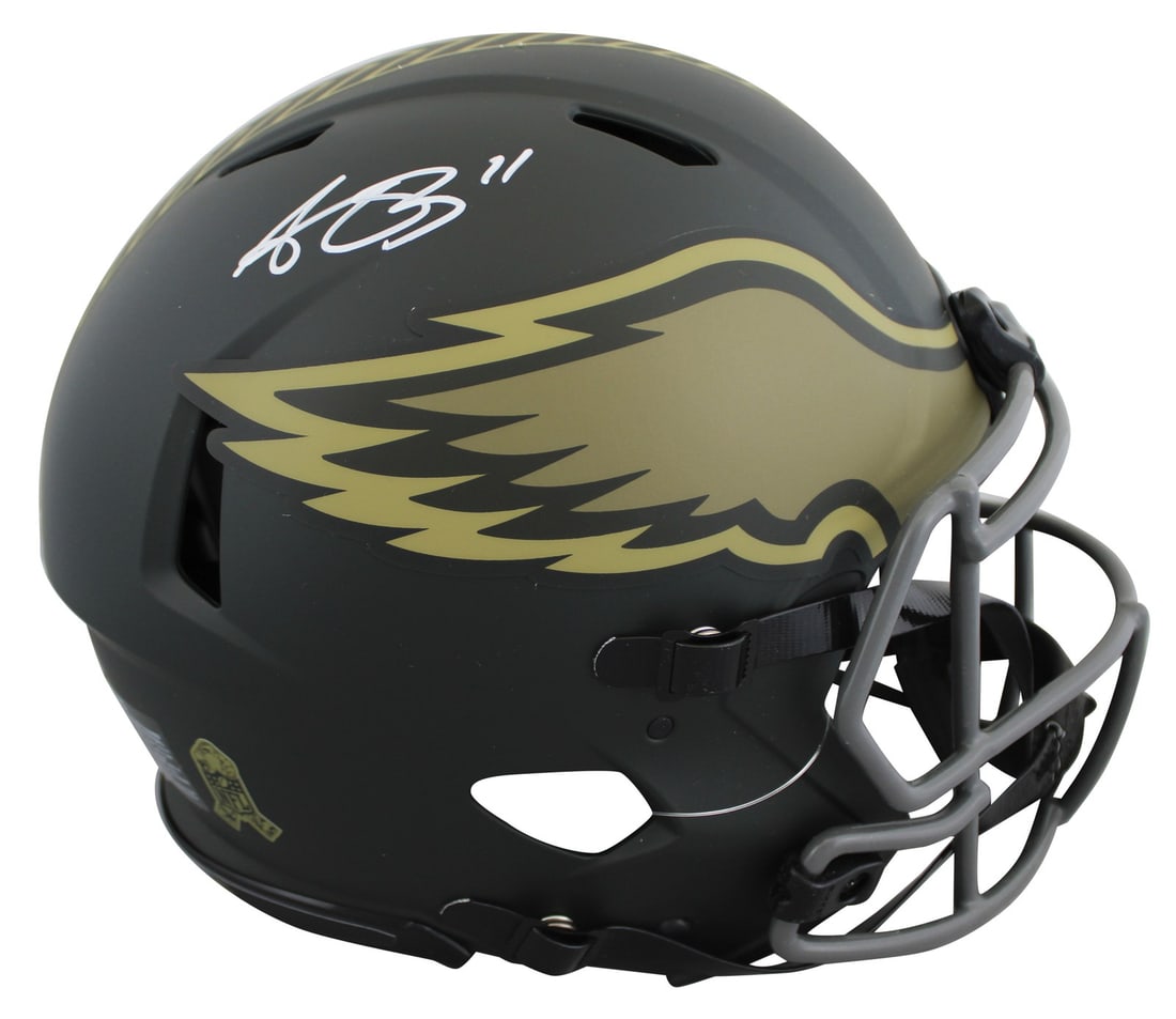A.J. Brown Signed Philadelphia Eagles STS IV Full Size Helmet BAS Authenticated: A.J. Brown Signed Philadelphia Eagles STS IV Full Size Helmet BAS Authenticated This autographed Philadelphia Eagles 2025 Salute to Service IV Riddell Authentic Full Size Speed Proline Helmet features