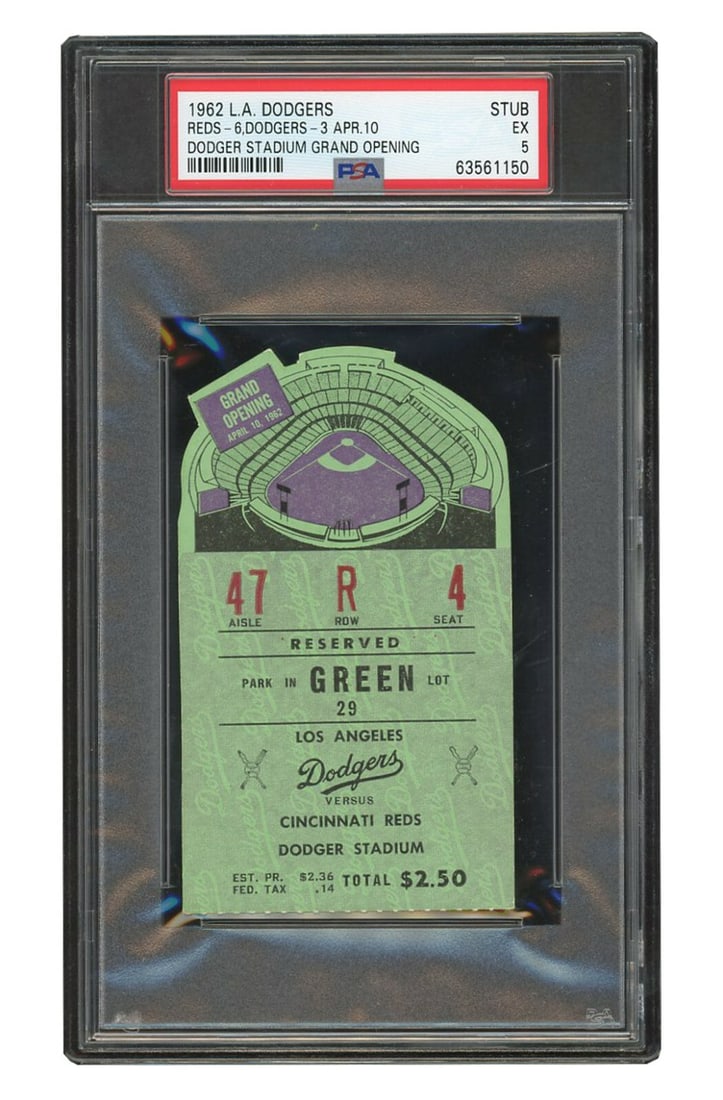 Los Angeles Dodgers 1962 Grand Opening Game Ticket PSA EX 5: Los Angeles Dodgers 1962 Grand Opening Game Ticket PSA EX 5 Celebrate a significant moment in sports history with this original ticket from the Grand Opening of Dodger Stadium on April 10, 1962. Price