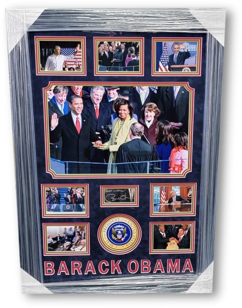 Barack Obama Autographed Framed Photograph Display JSA Certified 28x40: Barack Obama Autographed Framed Photograph Display JSA Certified 28x40 This is an original, hand-signed autographed framed display featuring Barack Obama, the 44th President of the USA. The display in