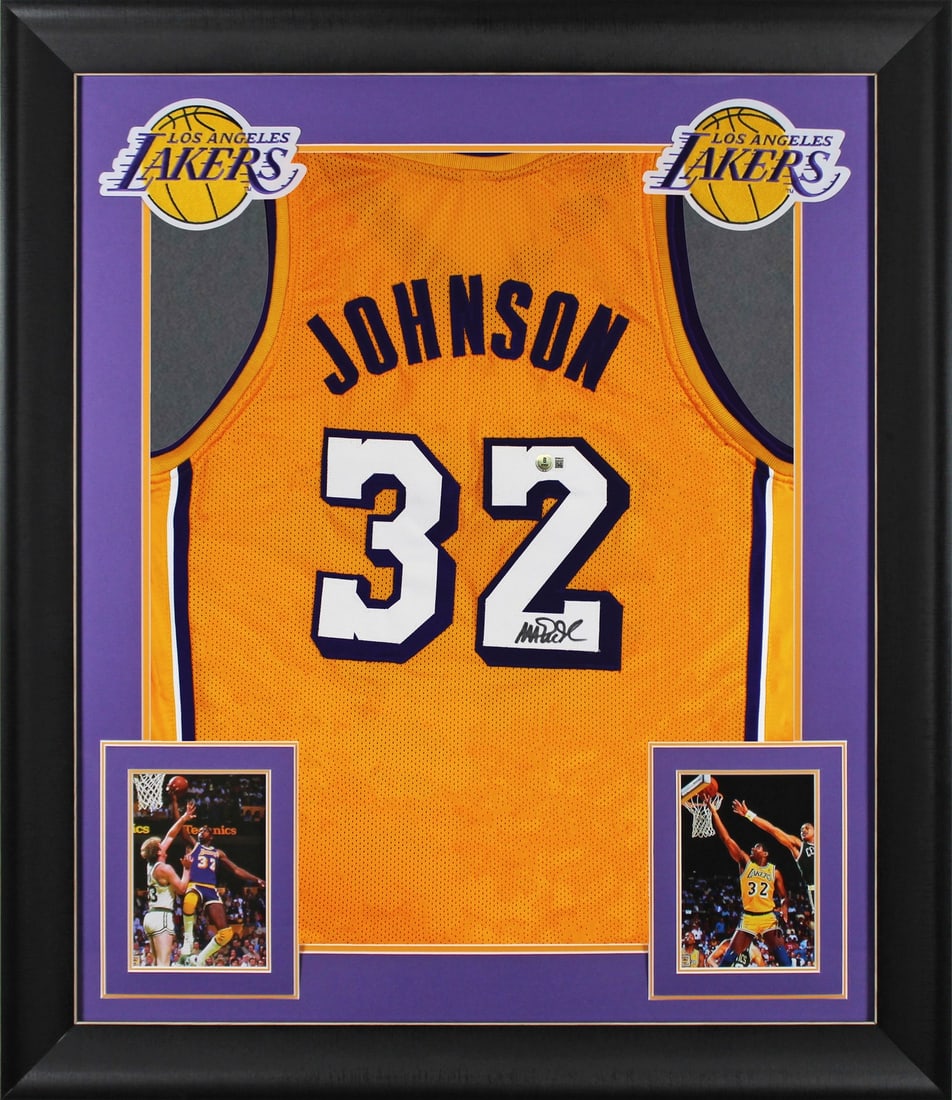 Magic Johnson Signed Framed Jersey Los Angeles Lakers Beckett Authenticated: Magic Johnson Signed Framed Jersey Los Angeles Lakers Beckett Authenticated Celebrate the legacy of Magic Johnson with this stunning yellow pro style framed jersey, featuring white numbers and persona
