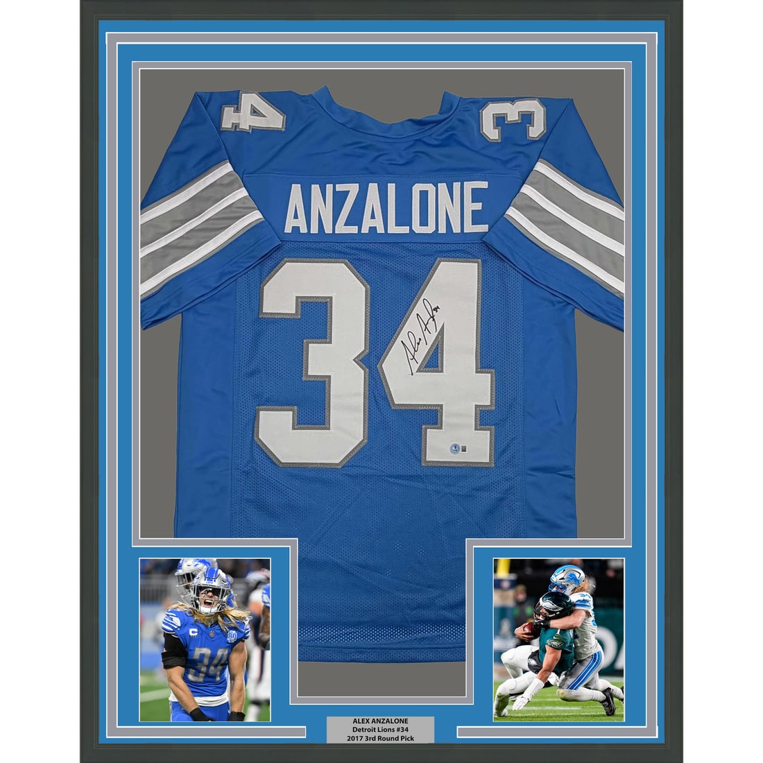 Alex Anzalone Signed Detroit Lions Jersey Framed with Beckett COA 35x39: Alex Anzalone Signed Detroit Lions Jersey Framed with Beckett COA 35x39 This professionally framed and matted display features a Detroit Lions blue jersey autographed by Alex Anzalone. The presentatio